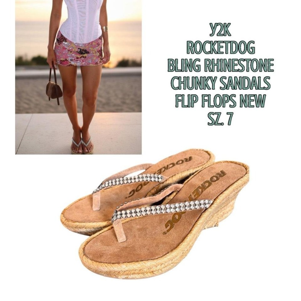 🐚 NEW‎ vtg. Y2K Rocket Dog   Raffia Bling Wedges 7-7.5 🐚